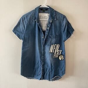 Zara Kamila Denim Shirt Womens X-Small Blue Art Wear Indie Grunge Casual